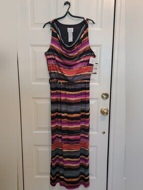 New J. Taylor Striped Sleeveless Cowl Neck Racerback Maxi Dress W/belt  Size 12